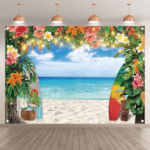 7x5ft Fabric Summer Hawaiian Beach Photography Backdrop Tropical Flower Palm Leaves Surfboard Background Aloha Luau Decorations Photo Banner - size: 7'x5'