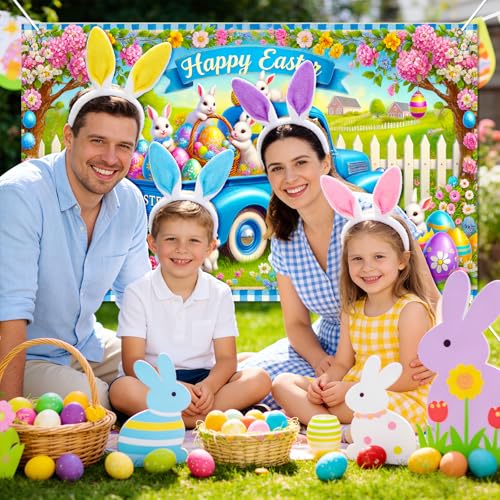 BlissYard Easter Bunny Truck Banner Spring Farm Scene 71x43 Inch Cute Holiday Backdrop with Rabbits Eggs Flowers Happy Easter Design for Yard Porch Party Kids Celebration Display - color: Blue