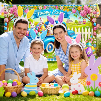 BlissYard Easter Bunny Truck Banner Spring Farm Scene 71x43 Inch Cute Holiday Backdrop with Rabbits Eggs Flowers Happy Easter Design for Yard Porch Party Kids Celebration Display - color: Blue