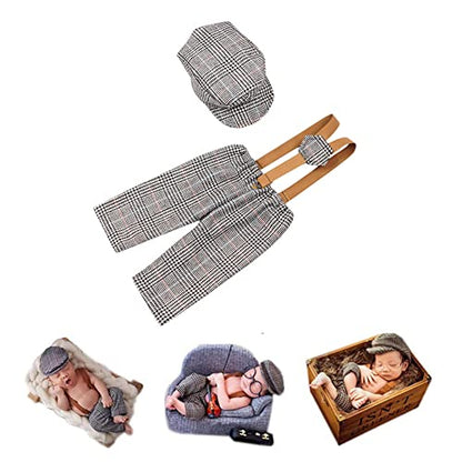 Newborn Monthly Baby Photo Props Stripe Checked Flat Cap Newsboy Suspender Pants Romper for Photography Outfits - color: Middle Gray