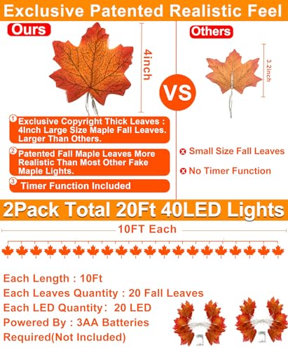 TURNMEON 2 Pack Fall Decor Enlarged Maples Leafed Lights Total 20Ft 40LED Fall Decorations for Home, Battery Operated Autumn Garland Waterproof Indoor Outdoor Holiday Halloween Thanksgiving Decoration - size: 2 Pack