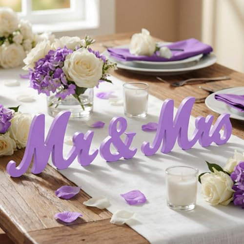 AceOrbit Purple 3 Pcs Mr & Mrs Sign Table Decor Sweetheart Mr and Miss Wooden Letters Freestanding Wedding Sign Rustic Table Centerpieces for Wedding Party Photo Booth Props Decorations Supplies - color: Purple