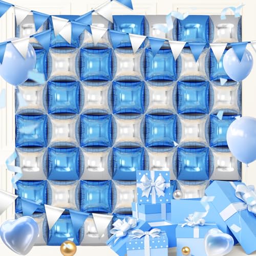 50PCS Blue and Silver Balloon Wall, 19'' Reusable DIY Mylar Double Side Square Balloons Garland Tunnel Arch Kit for Baby Shower Anniversary Bachelorette Birthday Engagement Bridal Decor - color: Blue & Silver