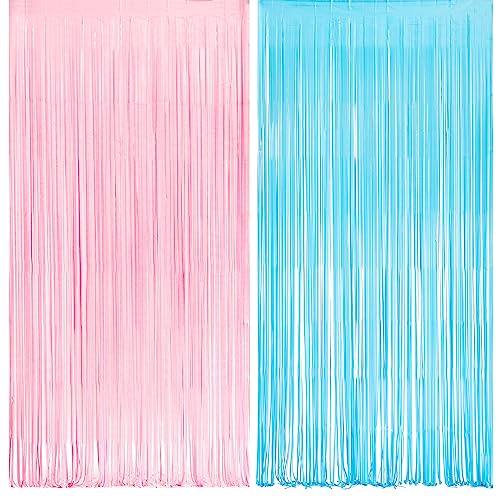 Pink and Blue Party Photo Backdrop - GREATRIL Foil Fringe Tinsel Streamers for Gender Reveal/Pastel/Easter/Birthdays Party Decorations - 3.2ft X 8.2ft - 2 Packs - color: Pink & Blue
