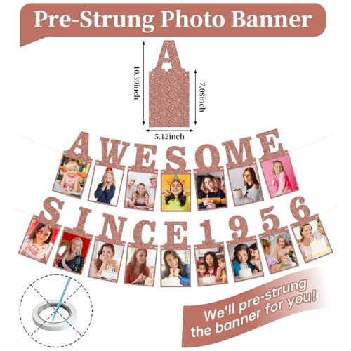 Pre-strung Awesome Since 1956 Photo Banner Birthday Decorations for Women- Pink Rose Gold Glitter 70th Birthday and Anniversary Decorations Party Supplies - style: Pink Rose Gold 70th