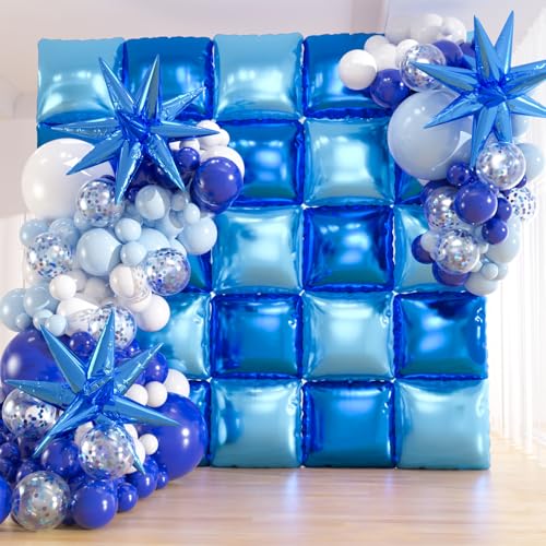 25pcs Royal & Light Blue Foil Square Balloon Wall with 149pcs White and Blue Confetti Balloons Arch Kit, Double Sided Balloon Tunnel with Star Balloons for Birthday, Class of Graduation Backdrop - color: Royal Blue & Baby Blue