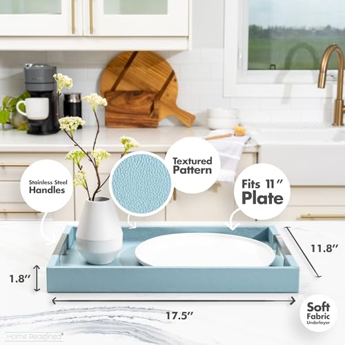 Modern 17.5"x12" Rectangle Baby Light Blue Glossy Shagreen Faux Leather Decorative Tray Ottoman Coffee Table Perfume Living Room Kitchen Serving Tray with Silver Metal Handles by Home Redefined - color: Baby Blue/Silver