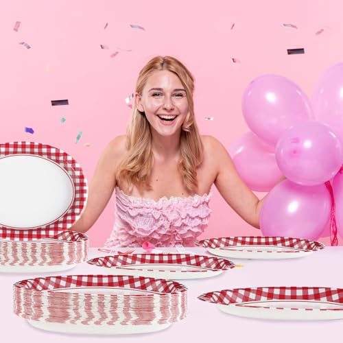 50Pcs Gingham Oval Paper Plates 10" x 12" Large Disposable Heavy Duty Red and White Buffalo Checked Plaid Dessert Platter Sturdy Plate for Summer Pizza BBQ Picnic Crawfish Boil Birthday Party Supplies - style: Red and White Oval Plates