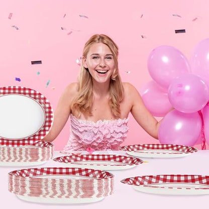 50Pcs Gingham Oval Paper Plates 10" x 12" Large Disposable Heavy Duty Red and White Buffalo Checked Plaid Dessert Platter Sturdy Plate for Summer Pizza BBQ Picnic Crawfish Boil Birthday Party Supplies - style: Red and White Oval Plates