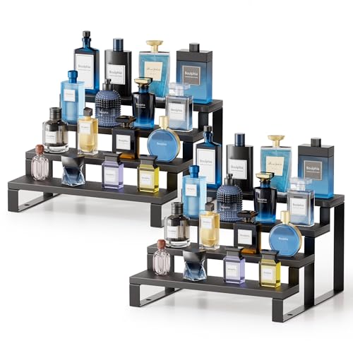 Boulphia 2 Set Black Cologne Organizer for Men, 12 Inch Cologne Stand 4 Tier Perfume Organizer for Dresser, Versatile Step Display Stand Shelf for Fragrance, Skincare, Figurine, Dessert (Wood & Metal) - color: 2 Set, 4 Tier_Black