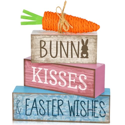 Moucuny 4 Pcs Easter Table Decoration Wooden Block Carrot Decor Easter Tiered Tray Decoration Cute Bunny Centerpiece Rustic Carrot Sign Gift for Holy Week Kitchen, Party, Entryway Fireplace Decor - style: Easter