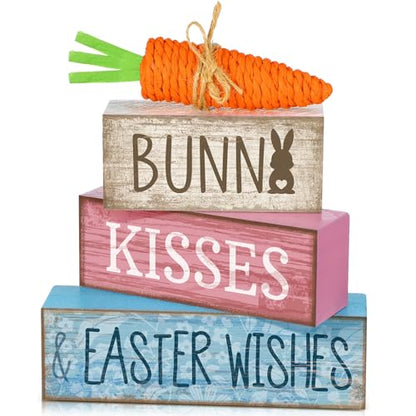 Moucuny 4 Pcs Easter Table Decoration Wooden Block Carrot Decor Easter Tiered Tray Decoration Cute Bunny Centerpiece Rustic Carrot Sign Gift for Holy Week Kitchen, Party, Entryway Fireplace Decor - style: Easter