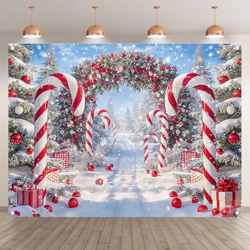 Fabric 8x6ft Merry Christmas Cane Candy Photography Backdrop Winter Snow Scene Xmas Tree Background New Year Eve Party Decoration Holiday Photo Banner Props - size: 8'x6'
