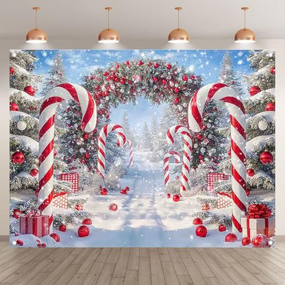 Fabric 8x6ft Merry Christmas Cane Candy Photography Backdrop Winter Snow Scene Xmas Tree Background New Year Eve Party Decoration Holiday Photo Banner Props - size: 8'x6'