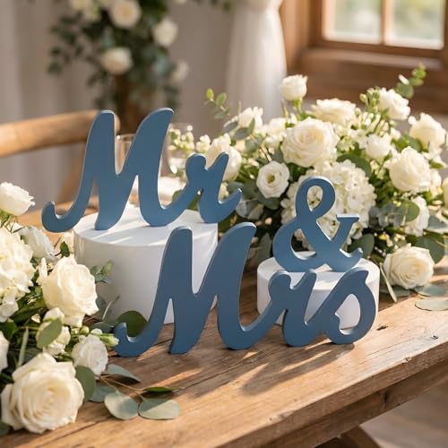 AceOrbit Blue 3 Pcs Mr & Mrs Sign Table Decor Sweetheart Mr and Miss Wooden Letters Freestanding Wedding Sign Rustic Table Centerpieces for Wedding Party Photo Booth Props Decorations Supplies - color: Blue