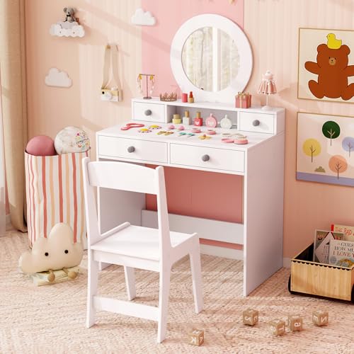 Costzon Kids Vanity, Princess Makeup Dressing Desk with Mirror and Stool, 4 Storage Drawers, Pretend Play Vanity Table and Chair Set for Little Girls (White) - style: White with Round Mirror