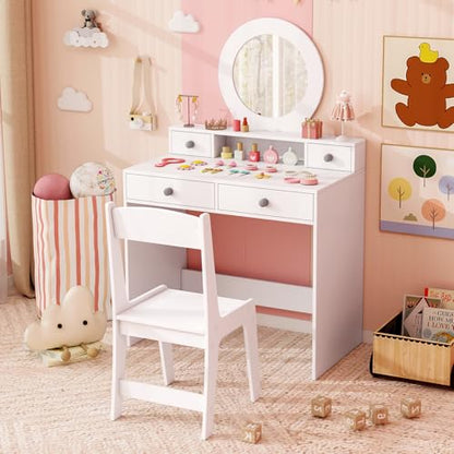 Costzon Kids Vanity, Princess Makeup Dressing Desk with Mirror and Stool, 4 Storage Drawers, Pretend Play Vanity Table and Chair Set for Little Girls (White) - style: White with Round Mirror