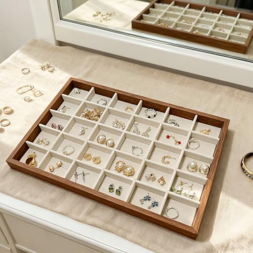 Large Jewelry Trays for Drawers Stackable Velvet Jewelry Display for Vendors Jewelry Drawer Organizer Inserts for Rings Necklace Bracelets Earrings and Studs Earrings (Beige, 30 Grid) - color: Beige, size: 30 Grid