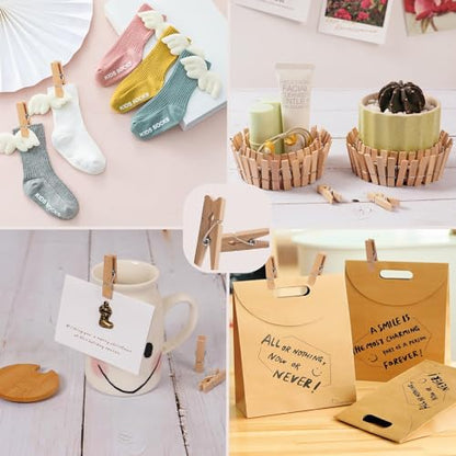 Small Clothes Pins for Photos,100PCS Mini Wooden Clothes Pins with 328 Feet Jute Twine,1.4 inch Tiny Clothes Pins for Photos,Crafts,Hanging Pictures,Baby Shower,Clip Photo Holders - color: Brown