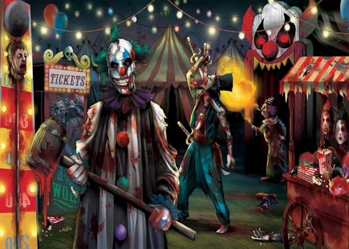 10x8 FT Halloween Evil Circus Clown Theme Backdrop Haunted House Horror Scary Evil Circus Clown Creepy Carnival Birthday Party Decorations Photography Background Banner Studio Props, Clear - size: 10x8 FT