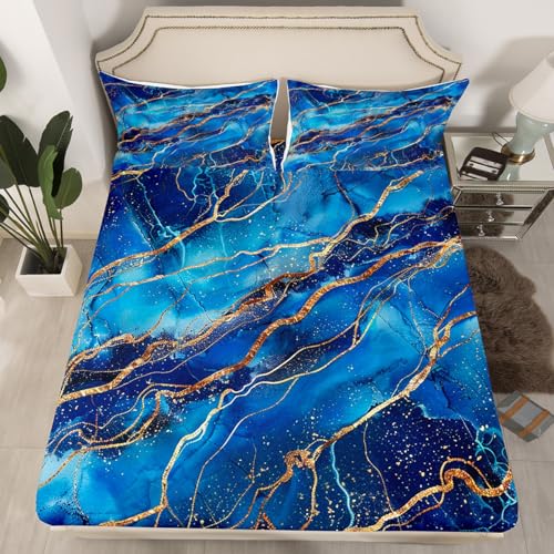Navy Blue Marble Texture Bed Sheets Set Teal Abstract Fitted Sheet for Kids Boys Girls Navy Blue Gold Decorative Bedding Set Golden Streaks Bed Cover 3Pcs Full Size - color: Multi 06, size: Full