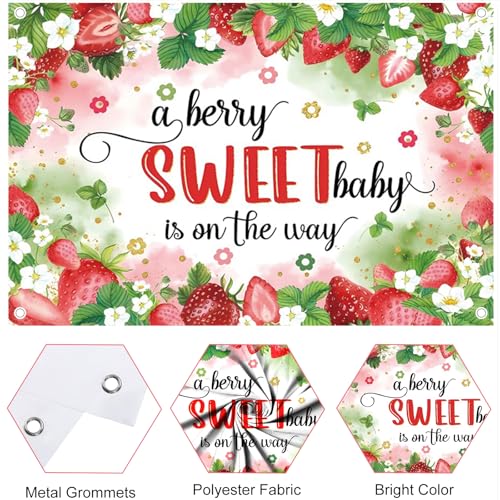 Fabric 10x6.5ft Strawberry Baby Shower Backdrop A Berry Sweet Baby is on The Way Photography Background Strawberry Girl 1st Birthday Newborn Party Decorations Banner Kids Adults Photo Shoot Props - size: 10x6.5ft(WxH)