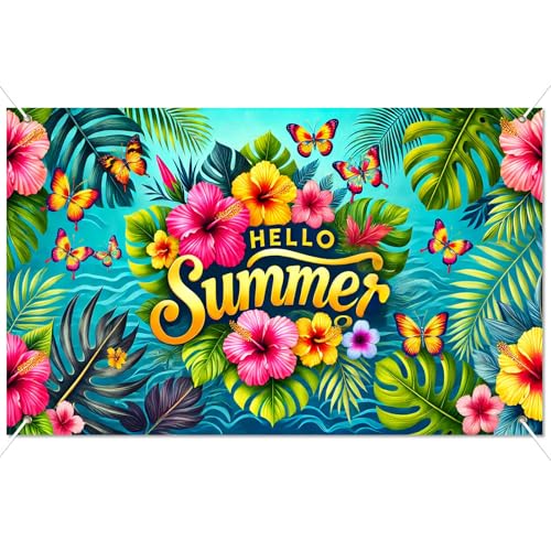HOMETITUTE Hello Summer Banner 71 x 43 inch Summer Hawaiian Party Decorations Flower Butterfly Summer Outdoor Decorations Supplies Backdrop Tropical Beach Hawaiian Party Themed Photo Booth Props