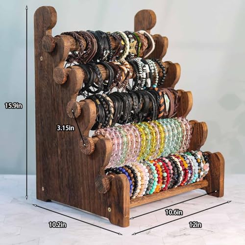 5-Tier Wooden Bracelet Holder – Portable Jewelry Display Stand for 120-150 Bangles & Scrunchies – for Vendors, Retail Stores, Craft Shows & Home Storage (vintage) - color: vintage