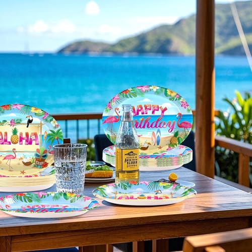 50Pcs Hawaiian Luau Oval Paper Plates 10" x 12" Large Disposable Heavy Duty Tropical Flamingo Party Platters Summer Aloha Dessert Plates for Holiday Beach Birthday Dinner Party Decorations Supplies - style: 50Pcs Beach Luau Oval Paper Plates