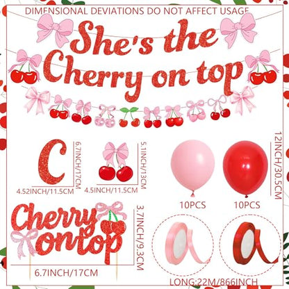 She's The Cherry on Top Baby Shower Backdrop Balloons for Girl Cherry Theme Coquette Bridal Shower Decorations Bow Party Decor Bride to Be Engagement Party Decor Birthday Props