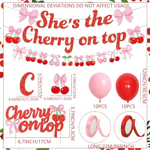 She's The Cherry on Top Baby Shower Backdrop Balloons for Girl Cherry Theme Coquette Bridal Shower Decorations Bow Party Decor Bride to Be Engagement Party Decor Birthday Props