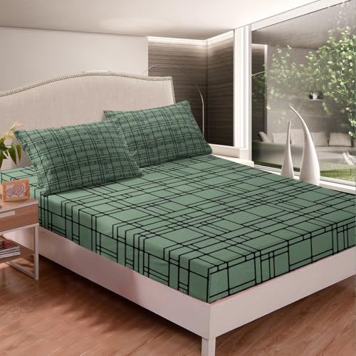 jejeloiu Green Black Geometric Fitted Sheet Twin Size Kids Stereoscopic Square Bed Sheets Set for Boys Girls Teens Bedding Set Breathable Modern Minimalism Art Bedroom Decor - color: Black Dark Green, size: Twin
