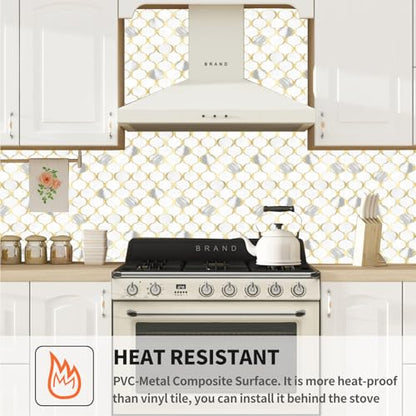 10 Sheet Arabesque Peel and Stick Backsplash Tile, Stick on Backsplash for Kitchen and Bathroom Wall, Marble White Look PVC Mixed Metal Gold - color: Marble White Mixed Metal Gold