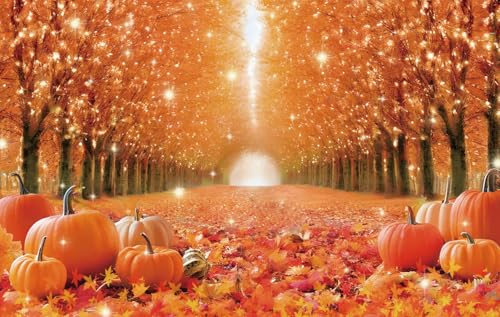 Fall Photography Backdrop 7x5ft, Autumn Maple Leaves Photo Background, Pumpkins Background for Thanksgiving Party, Farm Harvest Photo Booth Props - color: Autumn Backdrop-1, size: 7×5ft