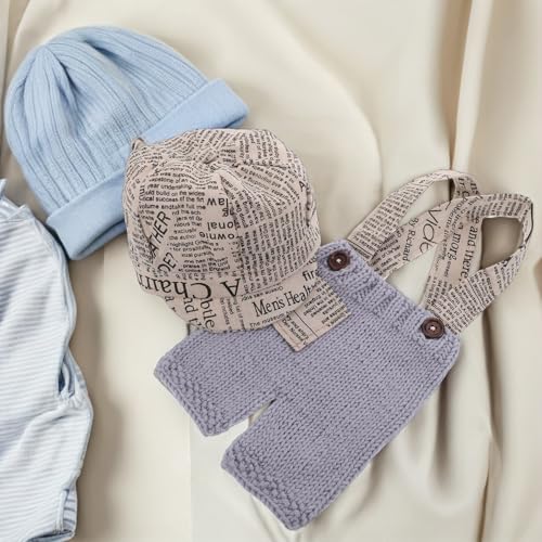 Newborn Photography Outfit Boy Newspaper Costume Set with Knitted Romper and Beret Hat Photoshoot Props for Newborn Photo Sessions