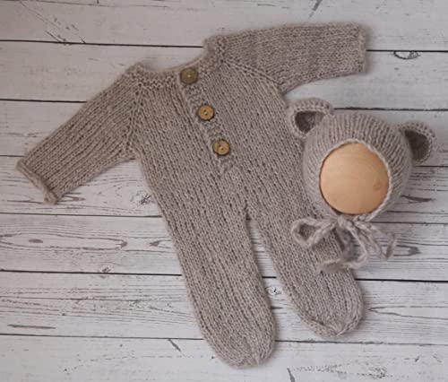 Newborn Photography Props Boys Girls Outfits Mohair Bear Hat Bonnet & Footed Romper Bodysuit Photoshoot Costume Set - color: Gray