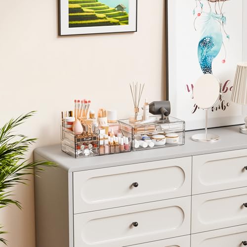 Yieach 2 Pack Clear Makeup Organizer Countertop for Dresser,Vanity and Bathroom Counter Organizer,Tiered Stackable Makeup Acrylic Organizers with 5 Drawer for Skincare,Brush and Make up Holders - style: 5 Drwers