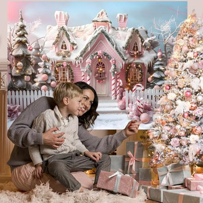 Mocsicka Pink Christmas Backdrop Christmas House Cane Candy Winter Christmas Party Photography Decoration Background Holiday Party Photo Prop Supplies (8x6ft) - size: 8x6ft