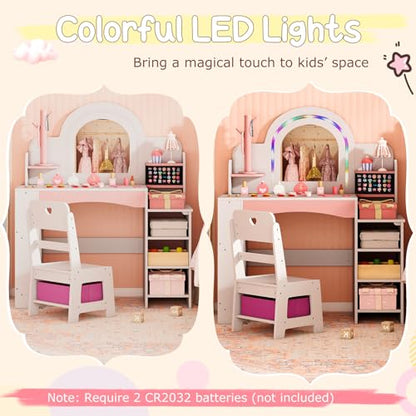 Costzon Kids Vanity, Girls Vanity Set with Lighted Mirror, Bookshelf, Jewelry Storage, Toddler Makeup Vanity Desk Dressing Table, Wooden Kids Vanity Table and Chair Set (White) - style: White