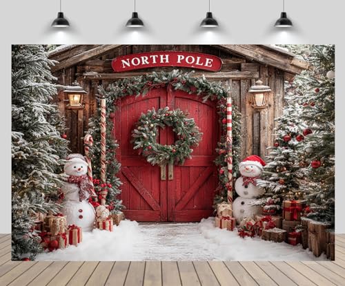 12x10ft Christmas North Pole Backdrop Snowman Christmas Trees Gift Boxes Snowy Pine Forest Red Wooden Door Winter Holiday Background New Year Xmas Eve Party Decor Portrait Photo Booth Props - size: 12x10ft
