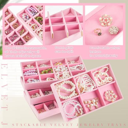 Junkin 12 Pcs Jewelry Tray Velvet Stackable Jewelry Organizer Trays Divided Earring Accessories Storage Containers Box (Rose Red) - color: Pink