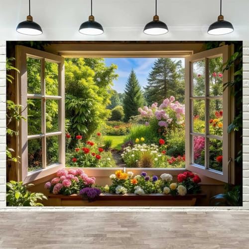 Spring Summer Garden Window Backdrop for Photography Floral Nature Landscape Photo Background Flowers and Trees Vibrant Flowers Party Decorations Banner Wedding Baby Shower Party Supplies 9x6ft - size: 9X6FT