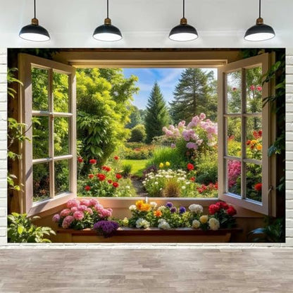 Spring Summer Garden Window Backdrop for Photography Floral Nature Landscape Photo Background Flowers and Trees Vibrant Flowers Party Decorations Banner Wedding Baby Shower Party Supplies 9x6ft - size: 9X6FT
