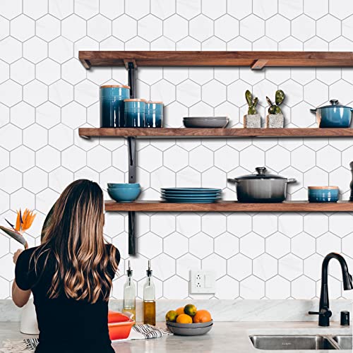 New Upgrade Premium Hexagon Peel and Stick Tile Backsplash, White Waterproof Stick on Backsplash, Self-Adhesive Marble Tiles for Kitchen,Bathroom and Bedroom，10-Sheet. - color: White