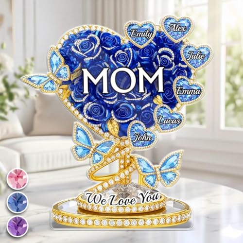 LOVELYPOD Personalized Mom Heart Acrylic Plaque with Kid's Names, Custom Rose Butterfly Keepsake, Mother’s Day Gift for Mom, Grandma, We Love You, Custom Shape Acrylic Plaque Home Decor - color: Design #3