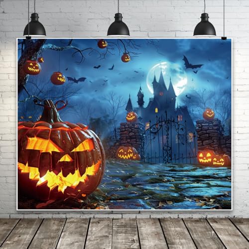 Halloween Backdrop 10x8ft Blue Horror Full Moon Night Pumpkin Lantern Bats Scary Castle Photography Background for Spooky Party Decorations Banner Photo Booth Props