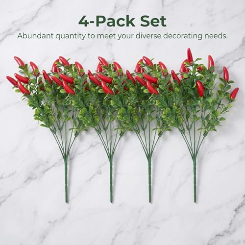Toddmomy 4 Pack Lifelike Artificial Red Chili Pepper Bouquet - Fake Chili Stems for Home & Kitchen Decor, Vase Filling & Photo Props