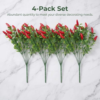 Toddmomy 4 Pack Lifelike Artificial Red Chili Pepper Bouquet - Fake Chili Stems for Home & Kitchen Decor, Vase Filling & Photo Props