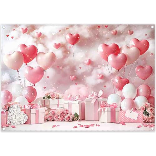 Fabric 7x5ft Valentine's Day Photography Backdrop Pink Rose Dreamy Clouds Love Heart Balloons Background Girls Women Wedding Bridal Shower Party Decorations Photo Props
