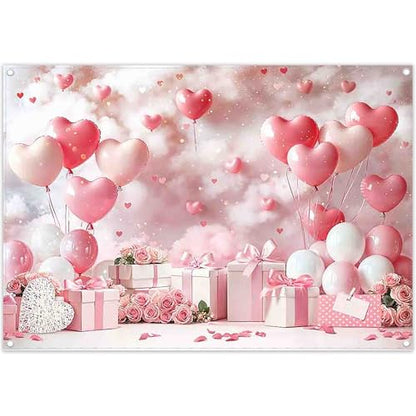 Fabric 7x5ft Valentine's Day Photography Backdrop Pink Rose Dreamy Clouds Love Heart Balloons Background Girls Women Wedding Bridal Shower Party Decorations Photo Props